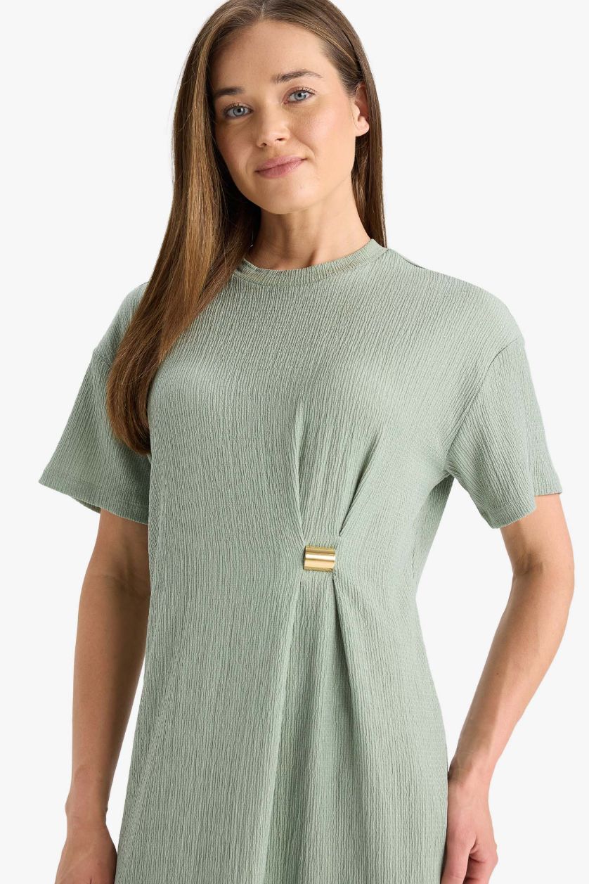 Kadın Açık Yeşil Regular Fit Bisiklet Yaka Basic Düz Bürümcük Kısa Kollu Midi Elbise
