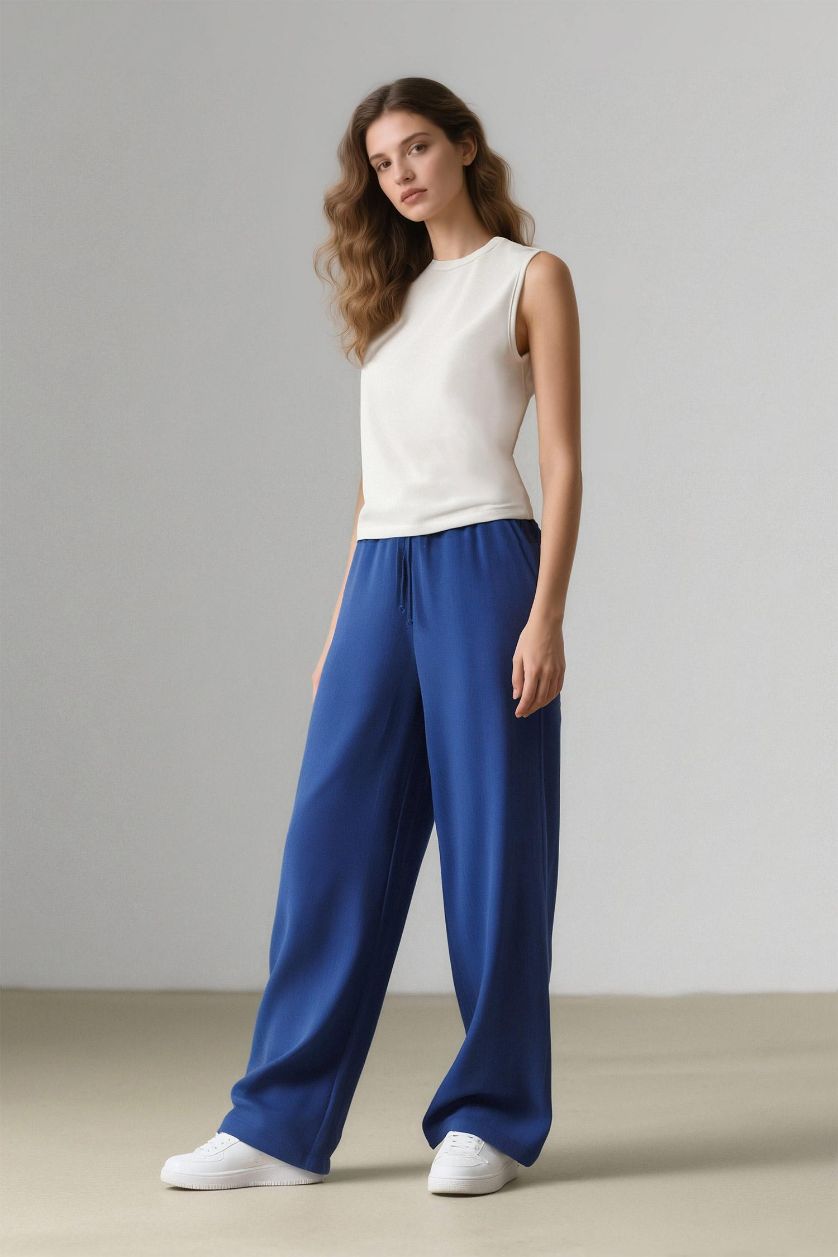 WOMAN Blue Traditional Straight Fit Pocket Detailed Linen Blend Trousers
