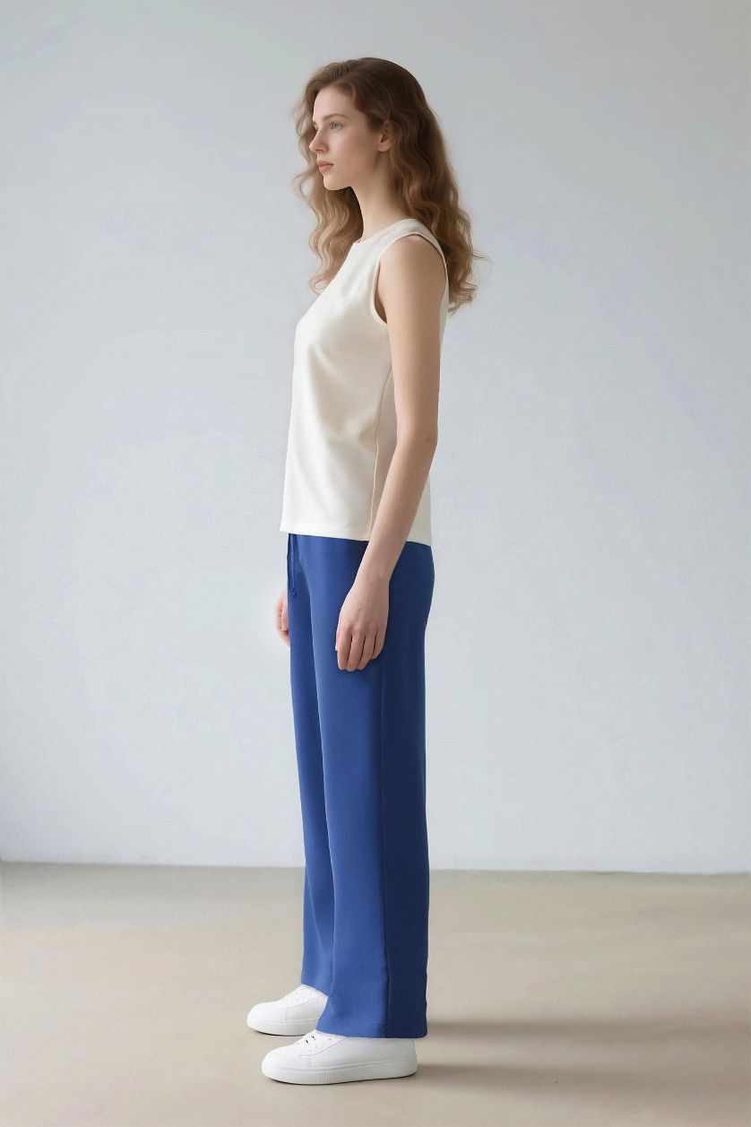 WOMAN Blue Traditional Straight Fit Pocket Detailed Linen Blend Trousers