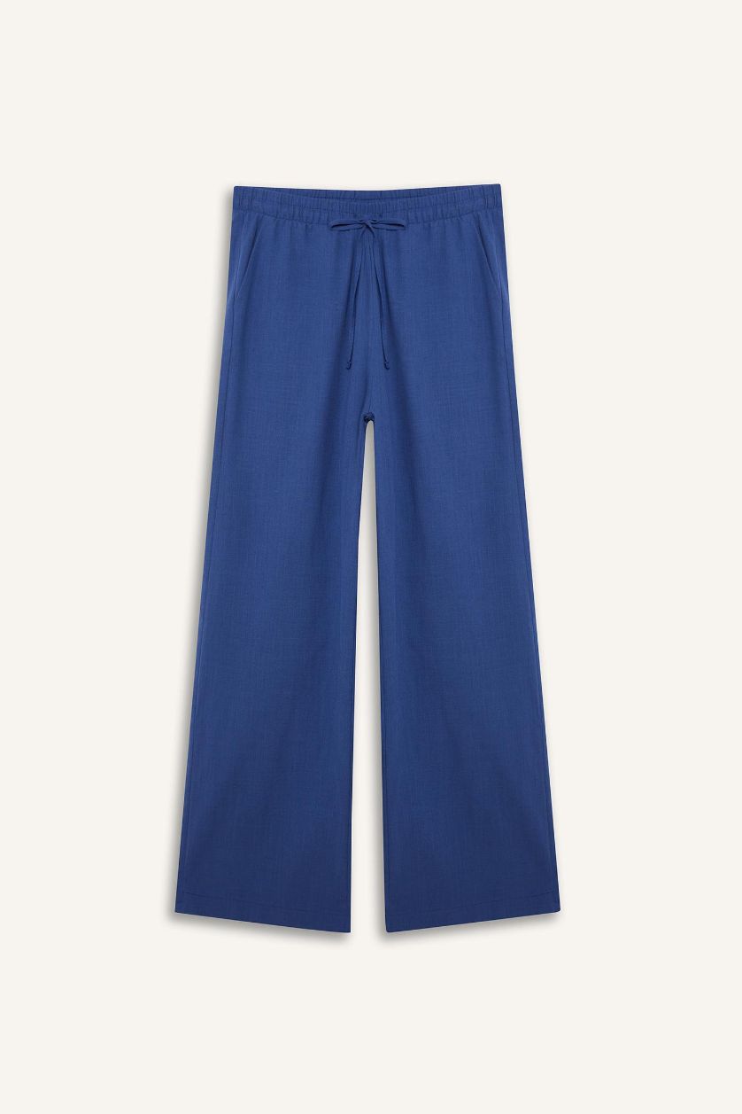 WOMAN Blue Traditional Straight Fit Pocket Detailed Linen Blend Trousers