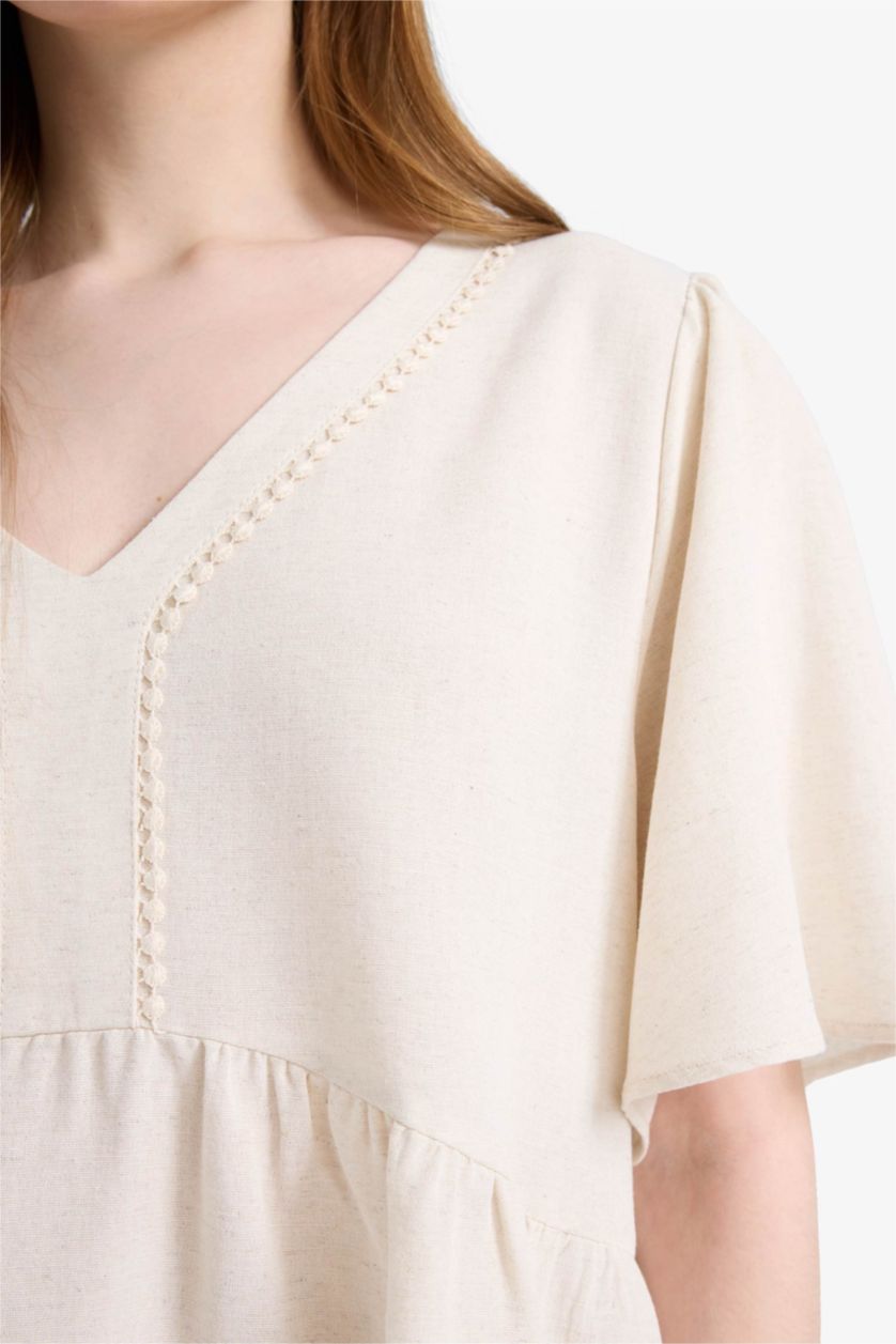 Kadın Taş Regular Fıt V Yaka Keten Karışımlı Kısa Kollu Bluz