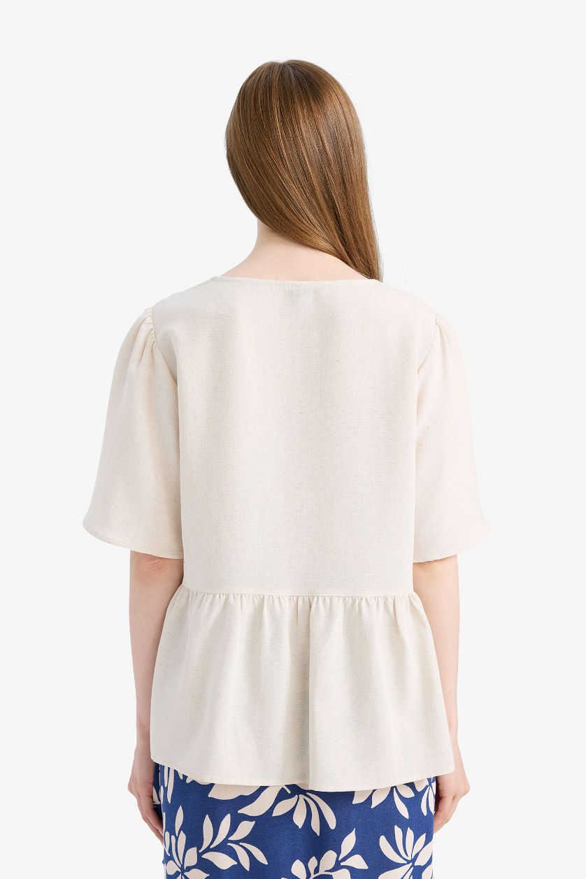 Kadın Taş Regular Fıt V Yaka Keten Karışımlı Kısa Kollu Bluz