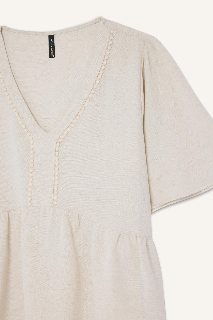Kadın Taş Regular Fıt V Yaka Keten Karışımlı Kısa Kollu Bluz