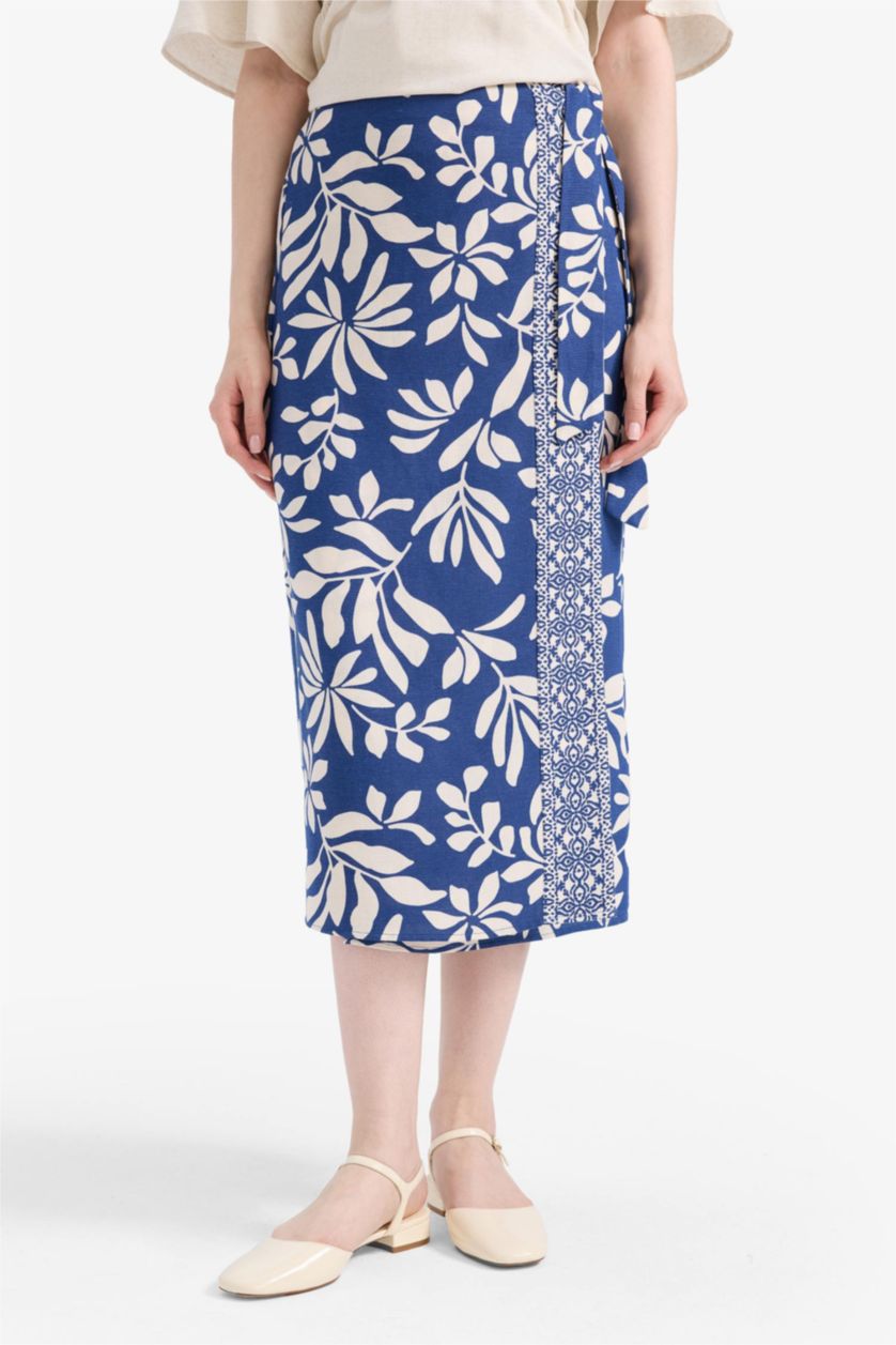 WOMAN Blue Regular Fit Patterned Linen Blend Midi Skirt