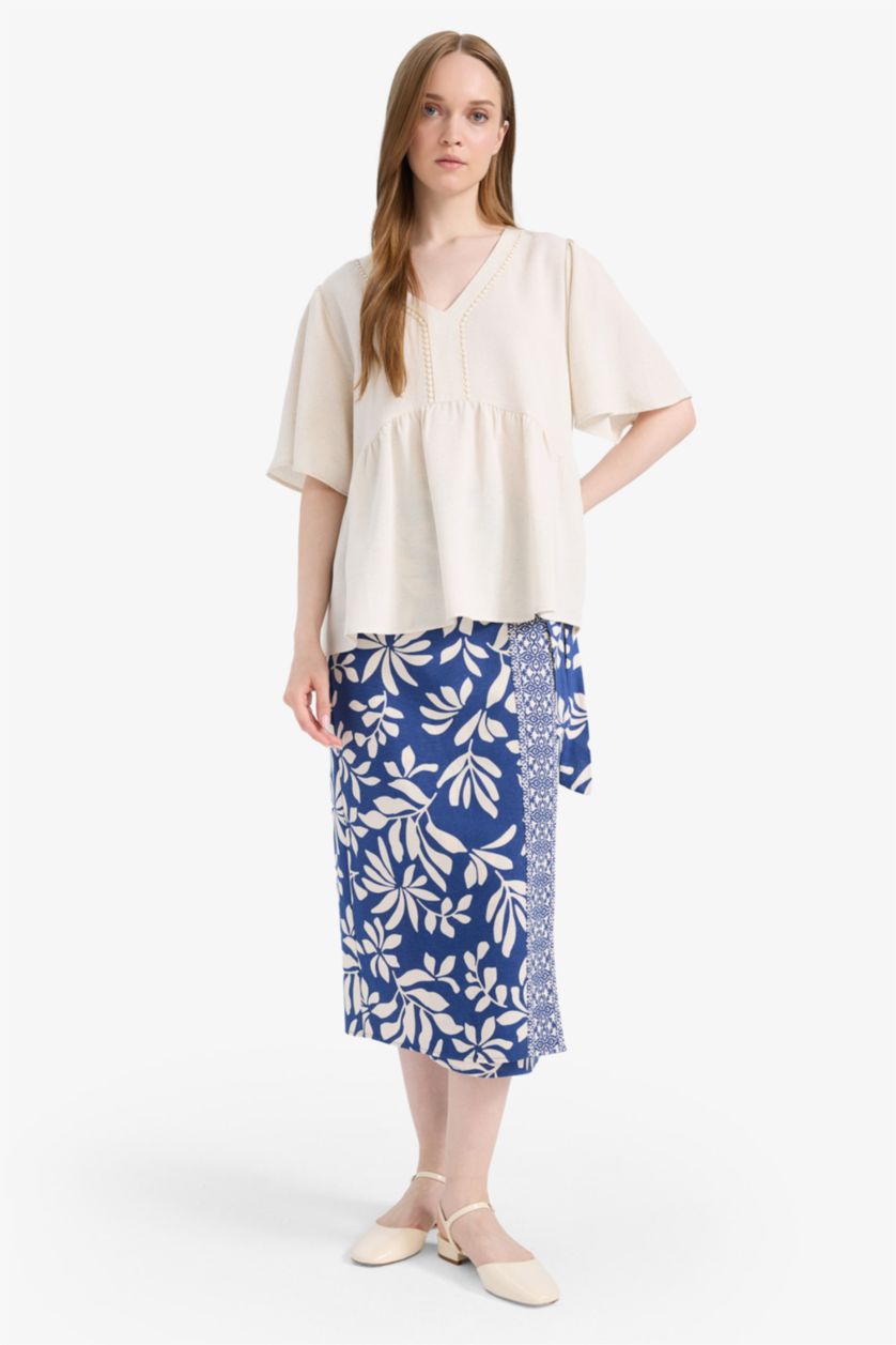 WOMAN Blue Regular Fit Patterned Linen Blend Midi Skirt