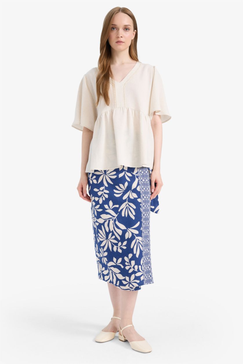 WOMAN Blue Regular Fit Patterned Linen Blend Midi Skirt