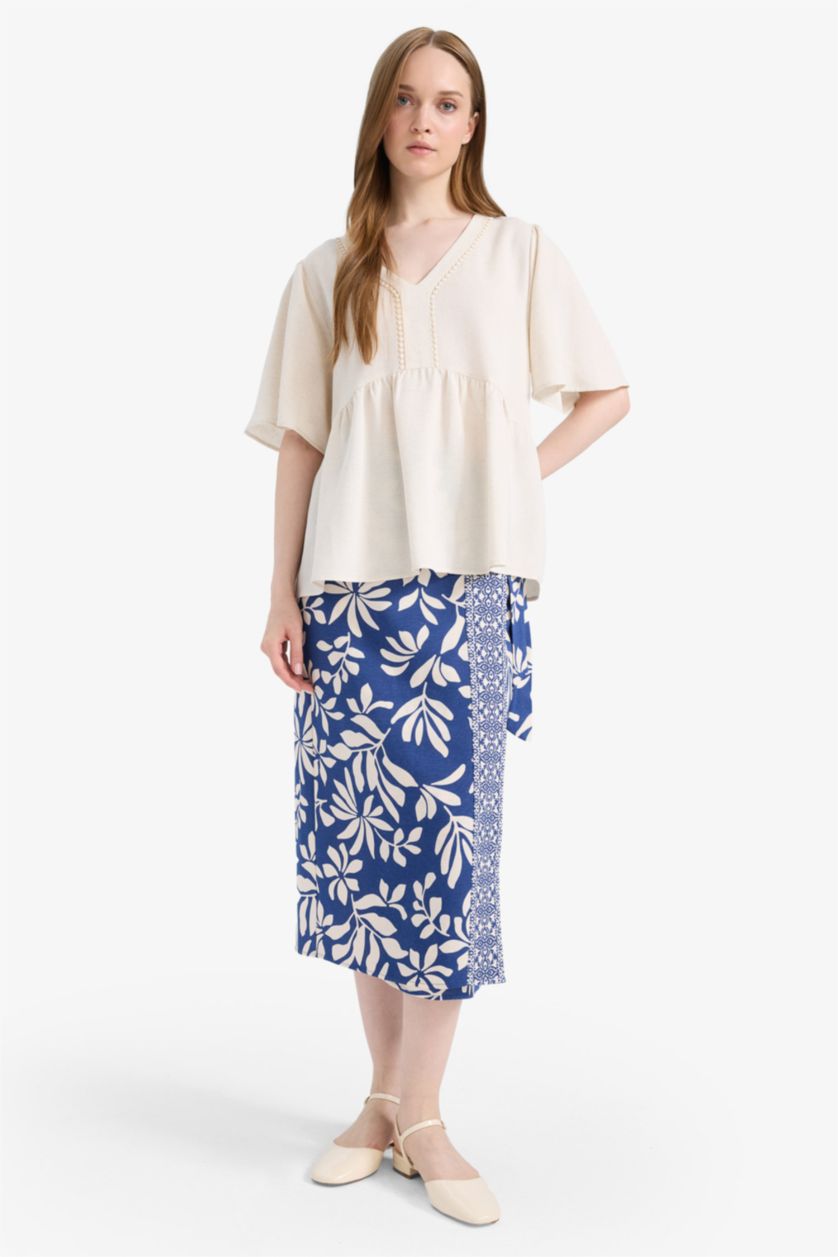 WOMAN Blue Regular Fit Patterned Linen Blend Midi Skirt