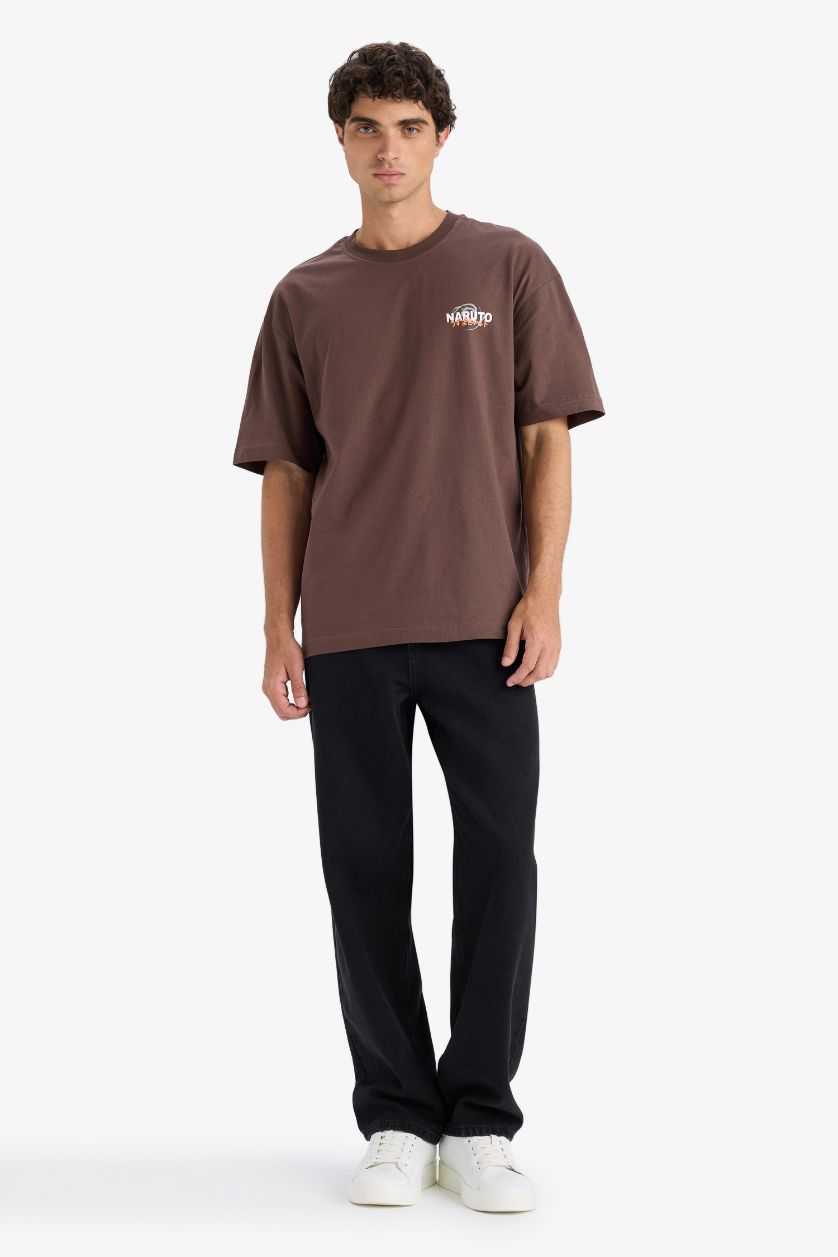 Erkek Kahve %100 Pamuk Naruto Boxy Fit Rahat Kesim Bisiklet Yaka Sırt Baskılı Kısa Kollu Tişört