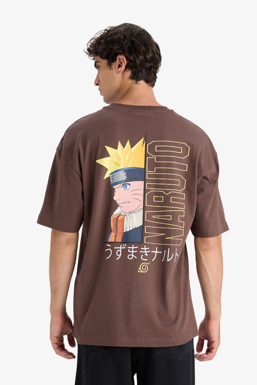 Erkek Kahve %100 Pamuk Naruto Boxy Fit Rahat Kesim Bisiklet Yaka Sırt Baskılı Kısa Kollu Tişört