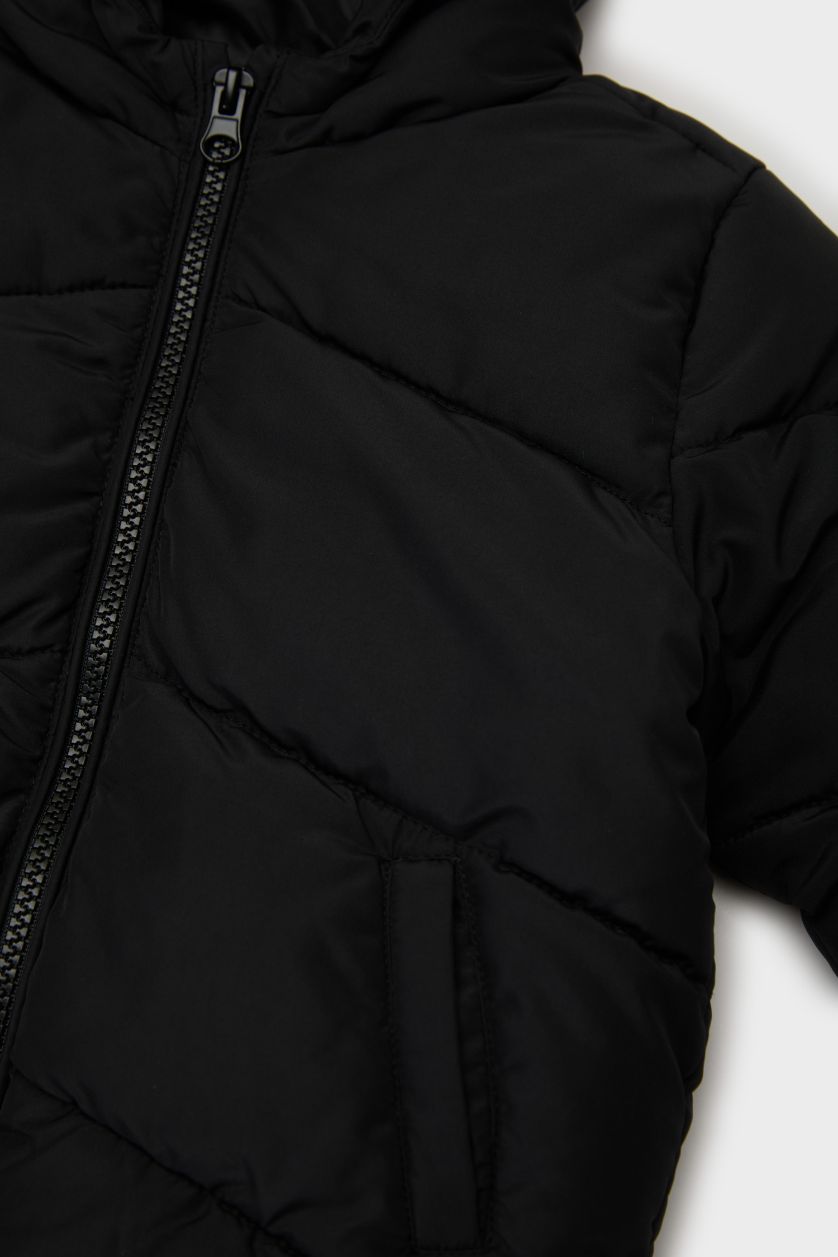 Kız Bebek Siyah Rüzgar Geçirmez Su Geçirmez Kapüşonlu Fermuarlı Cepli Şişme Mont Kız Bebek