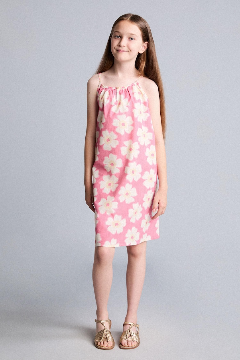 بنات زهري Girl 100% Cotton Floral Viscose Strappy Dress