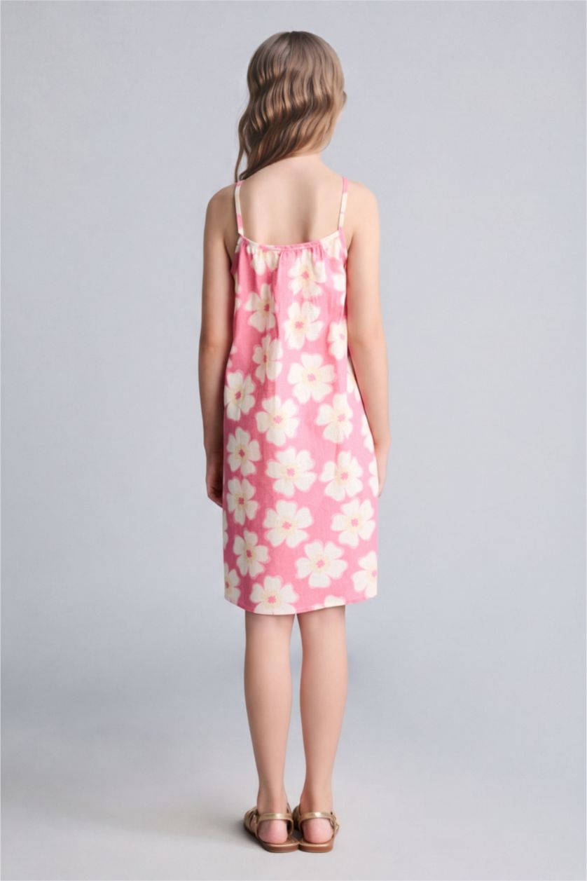 بنات زهري Girl 100% Cotton Floral Viscose Strappy Dress