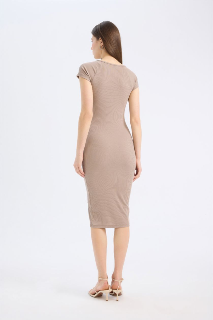 Kadın Vizon Bodycon Vücudu Saran V Yaka Fitilli Kaşkorse Kısa Kollu Midi Elbise