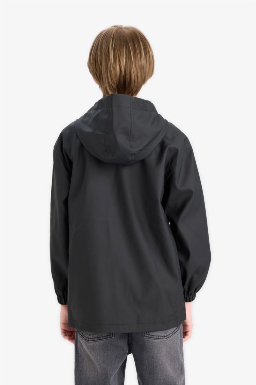 Erkek Çocuk - Genç Erkek Siyah Su İtici Kapüşonlu Fermuarlı Yağmurluk Erkek Çocuk
