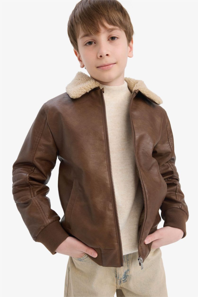 BOYS & TEENS Camel Boy Polo Collar Plush Faux Leather Jacket