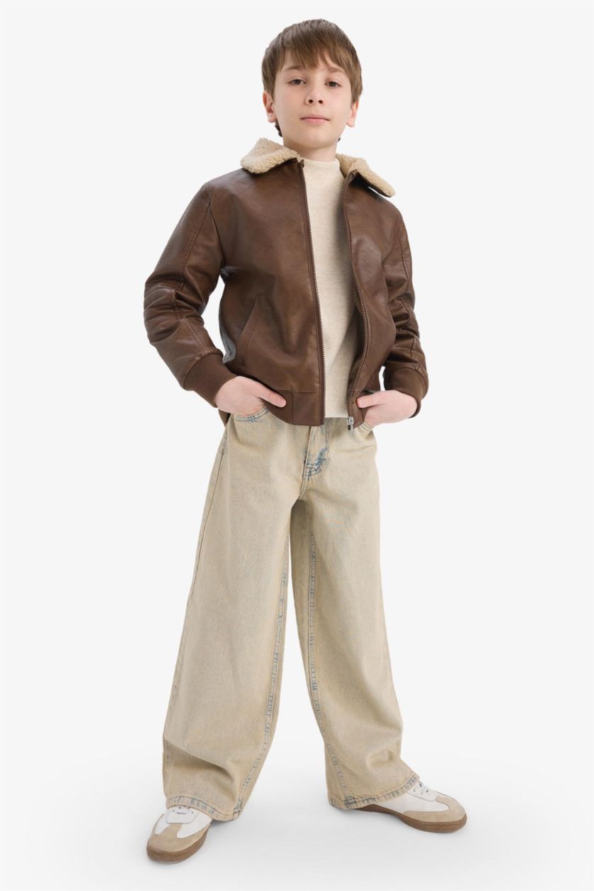 BOYS & TEENS Camel Boy Polo Collar Plush Faux Leather Jacket