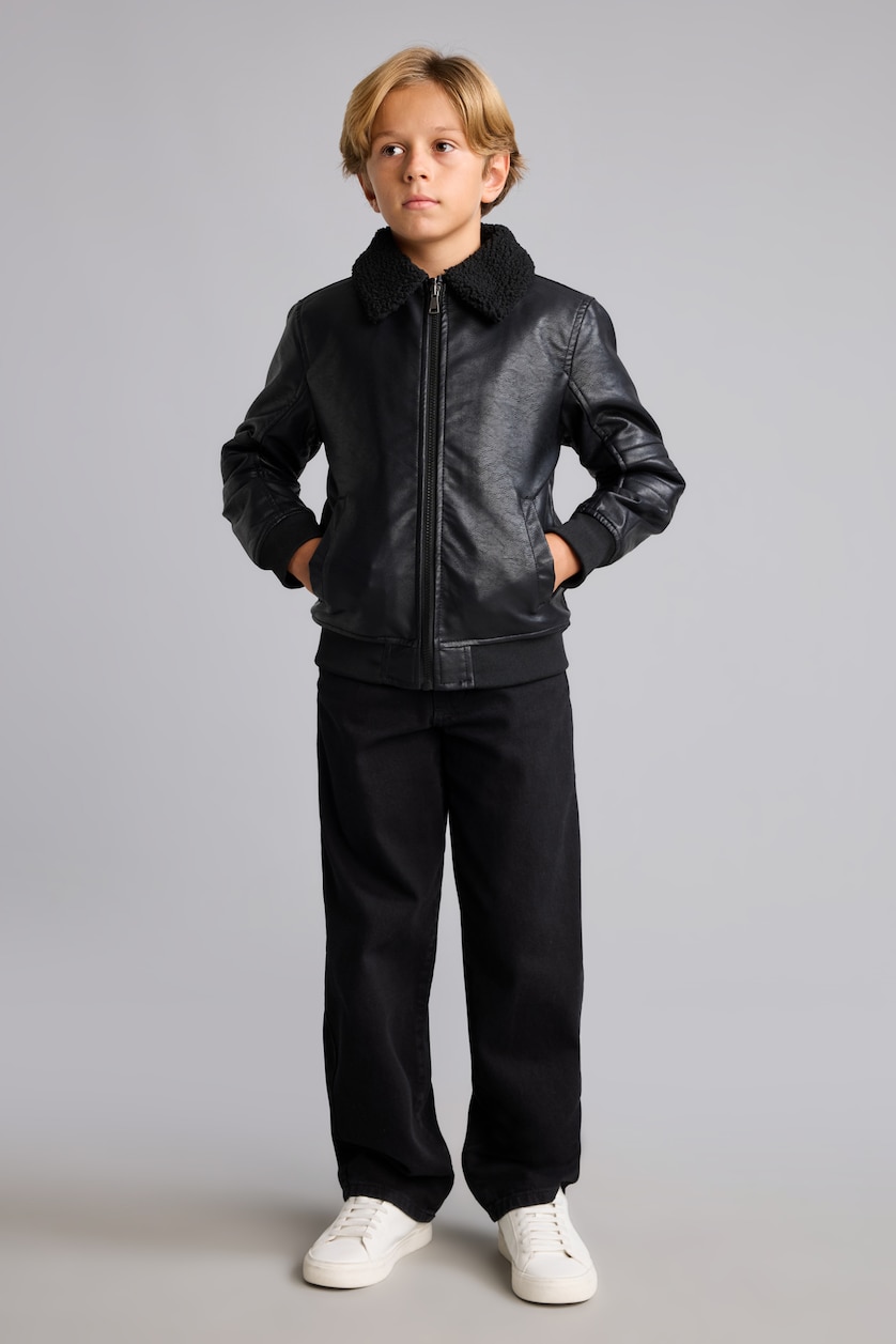 BOYS & TEENS Black Boys Plush-Lined Polo Collar Jacket