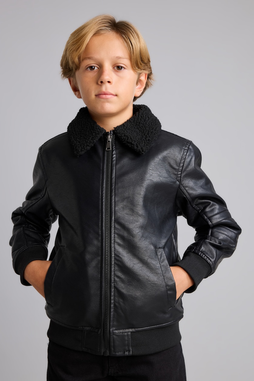 BOYS & TEENS Black Boys Plush-Lined Polo Collar Jacket