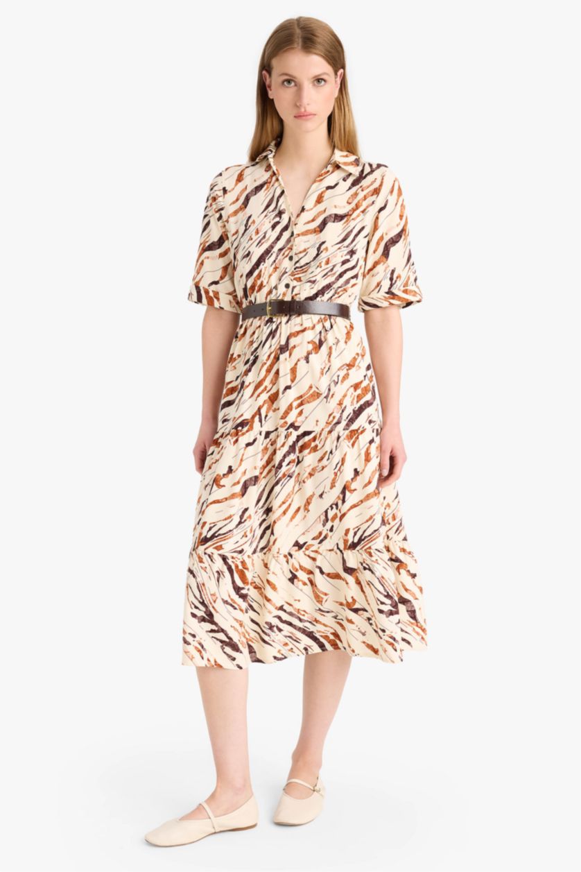 FEMME Beige Clair Robe Chemise mi-longue imprimée à demi-manches