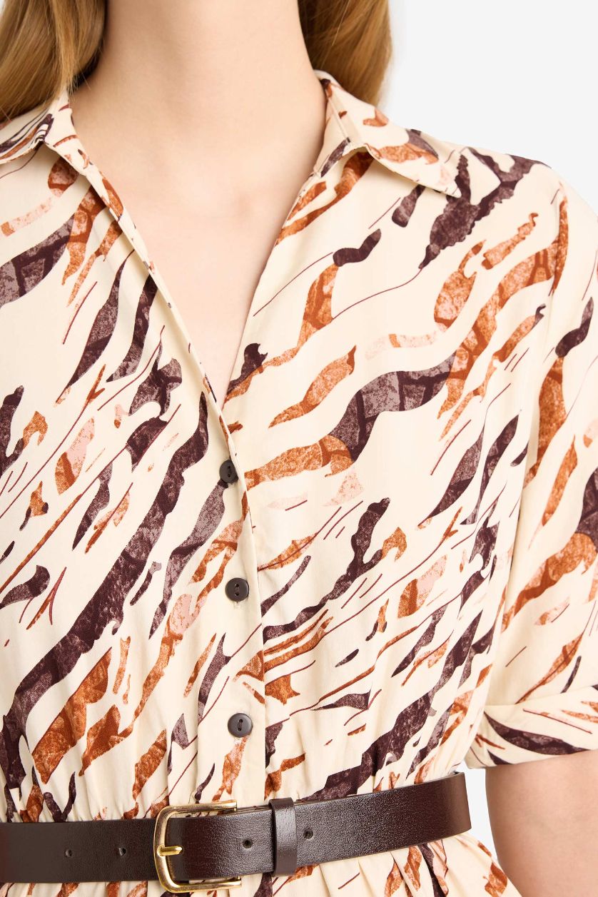 FEMME Beige Clair Robe Chemise mi-longue imprimée à demi-manches