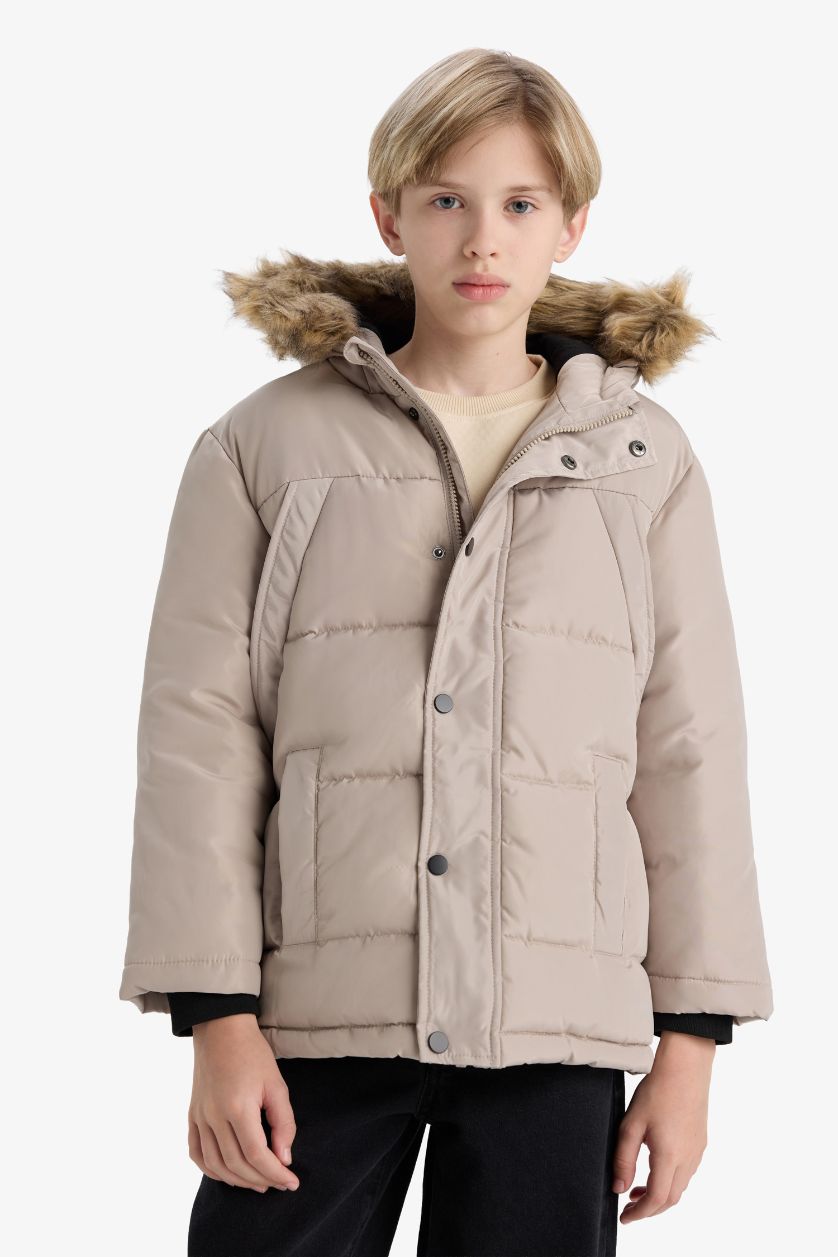 Erkek Çocuk - Genç Erkek Bej Çıkarılabilir Suni Kürk Yaka Kapüşonlu Polar Astarlı Mont Erkek Çocuk