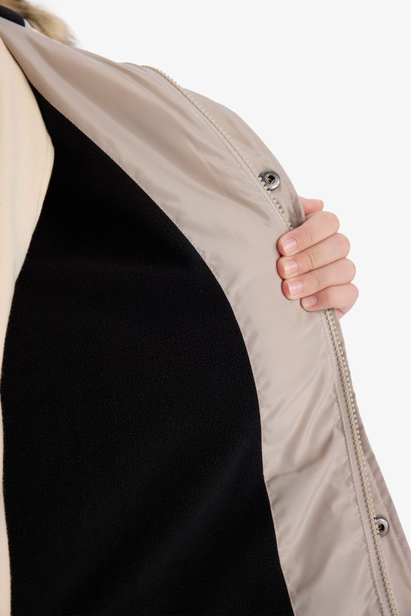 Erkek Çocuk - Genç Erkek Bej Çıkarılabilir Suni Kürk Yaka Kapüşonlu Polar Astarlı Mont Erkek Çocuk