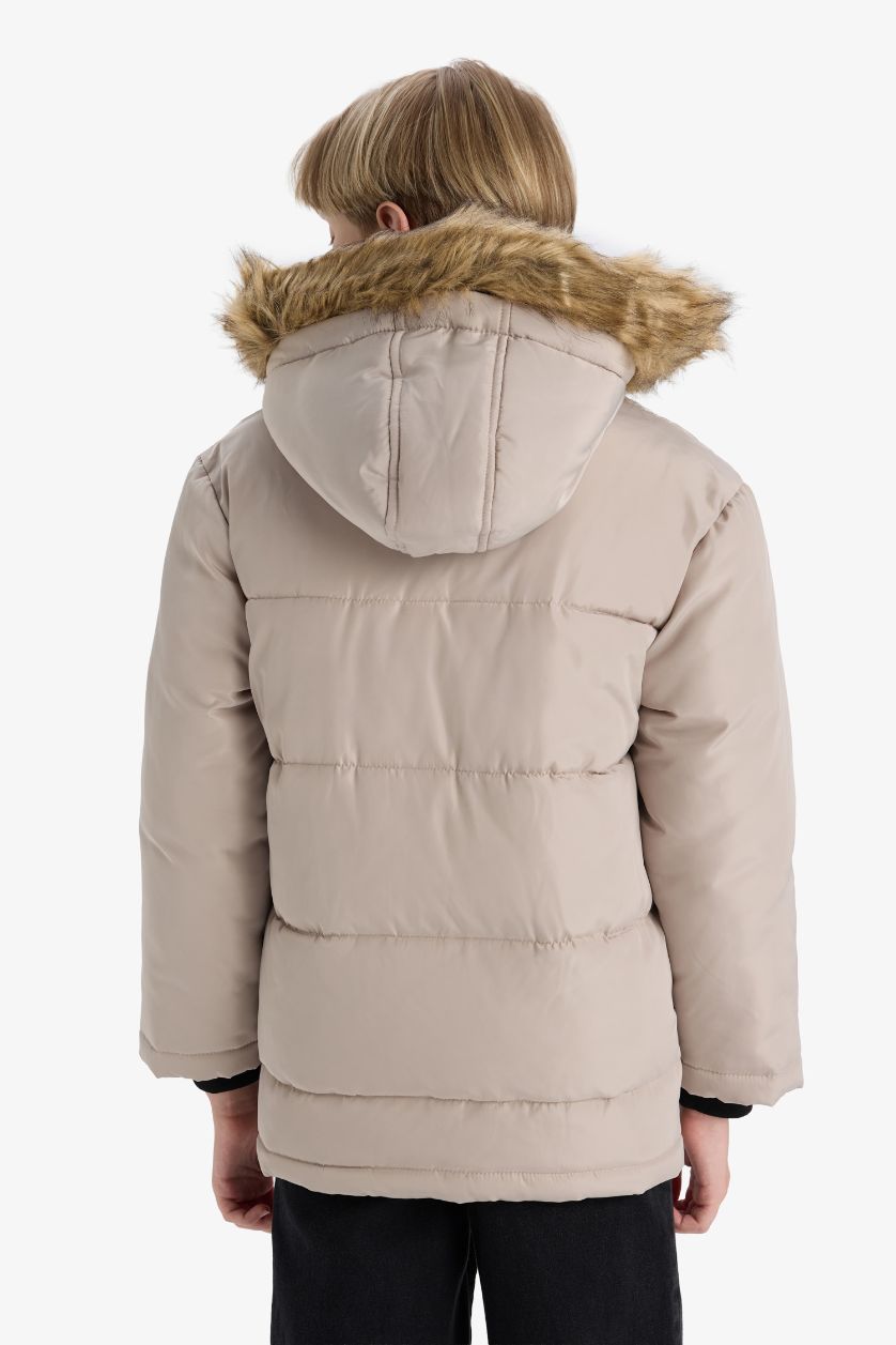Erkek Çocuk - Genç Erkek Bej Çıkarılabilir Suni Kürk Yaka Kapüşonlu Polar Astarlı Mont Erkek Çocuk
