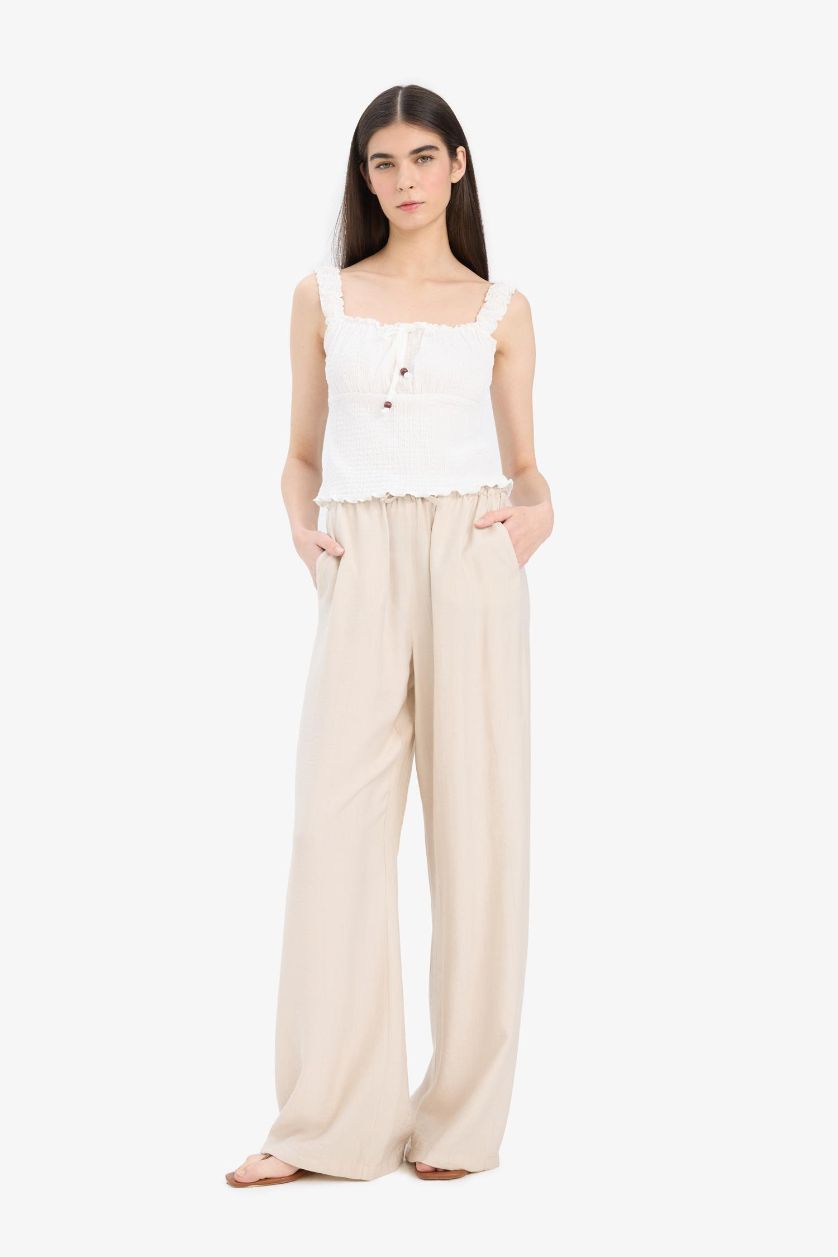 Woman Beige Double Pocket High Elastic Waist Wide Leg Trousers
