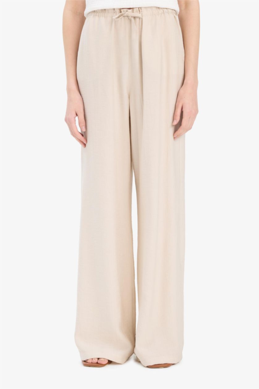 Woman Beige Double Pocket High Elastic Waist Wide Leg Trousers