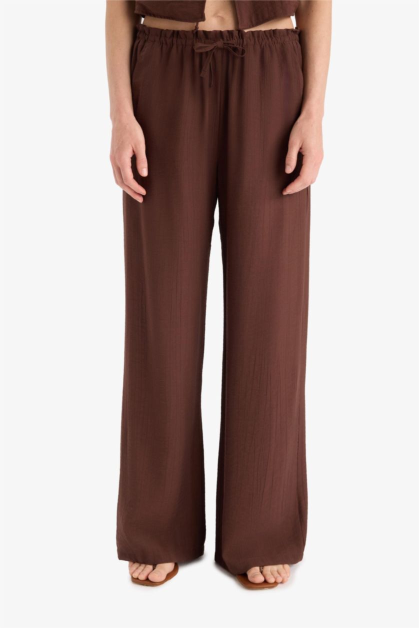 Kadın Kahve Wide Leg Kumaş Pantolon Çift Cepli Yüksek Bel Geniş Paça