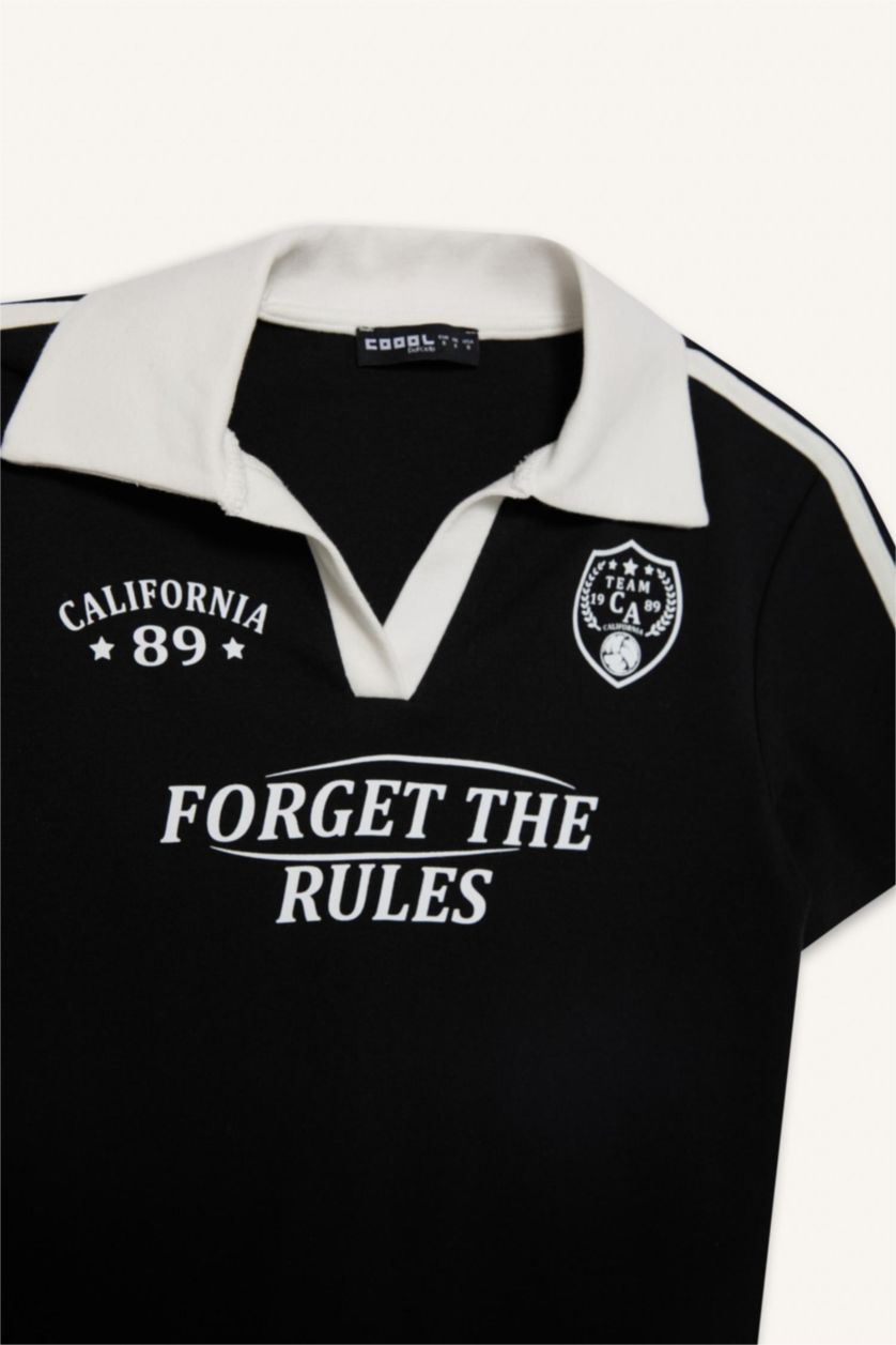 Woman Black Fitted Polo Neck Printed Ribbed Short Sleeve T-Shirt