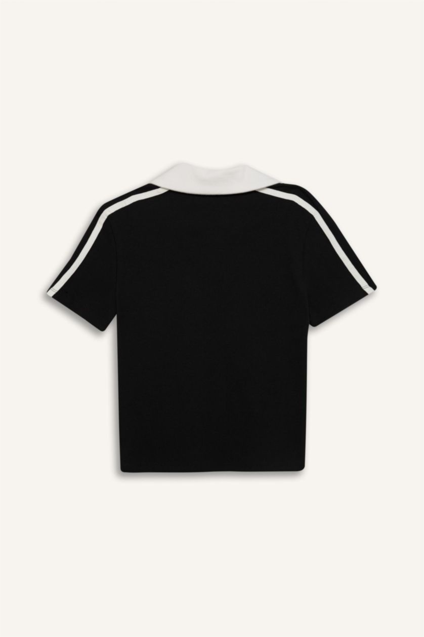 Woman Black Fitted Polo Neck Printed Ribbed Short Sleeve T-Shirt
