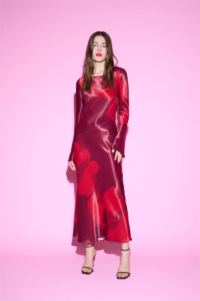 نساء أحمر فستان طويل ستان تاي داي بياخة مستديرة