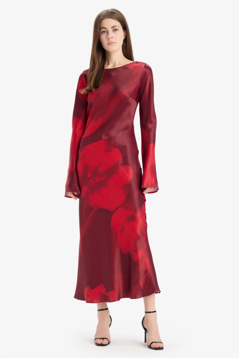 نساء أحمر فستان طويل ستان تاي داي بياخة مستديرة