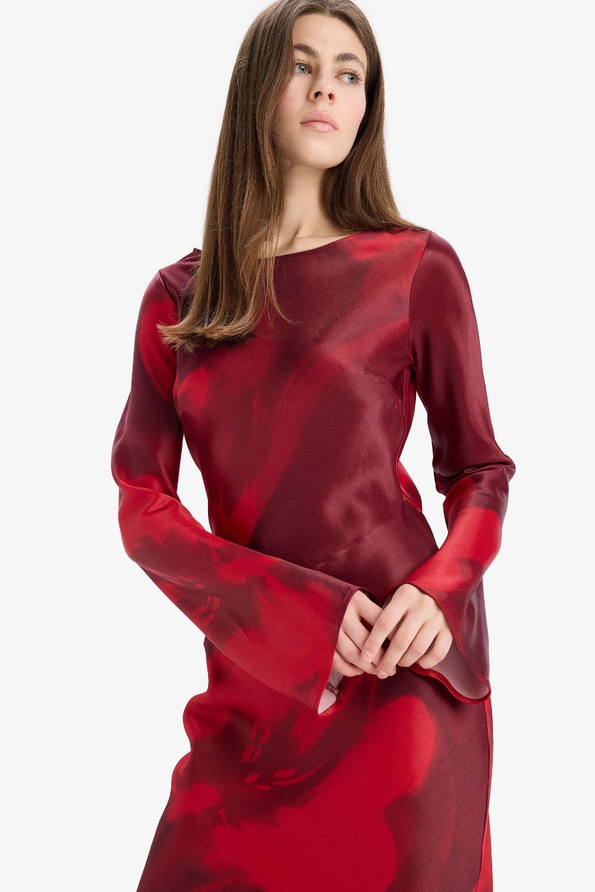 نساء أحمر فستان طويل ستان تاي داي بياخة مستديرة