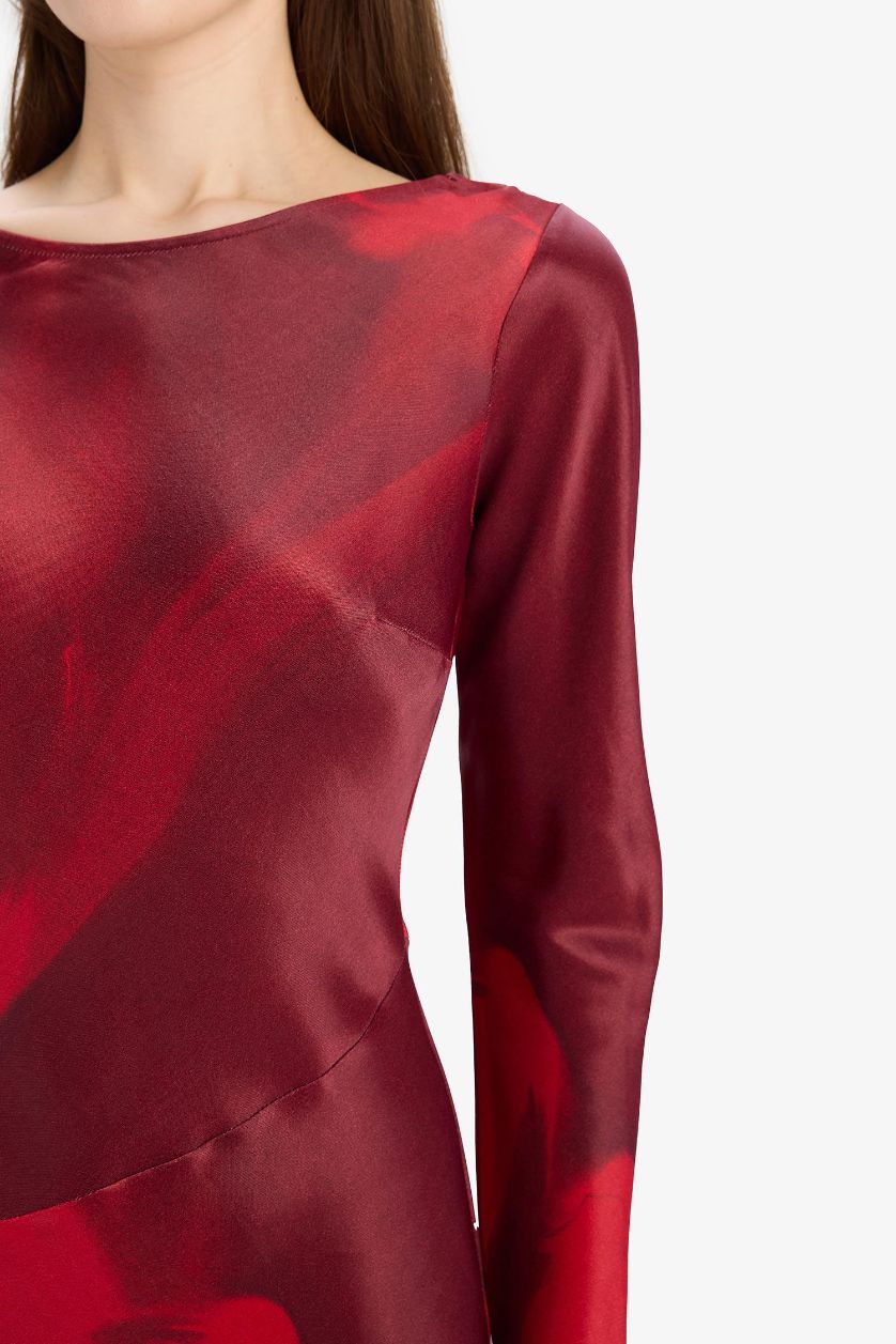 نساء أحمر فستان طويل ستان تاي داي بياخة مستديرة