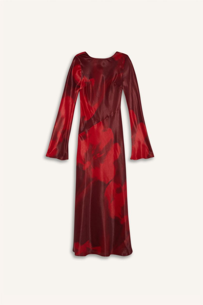 نساء أحمر فستان طويل ستان تاي داي بياخة مستديرة