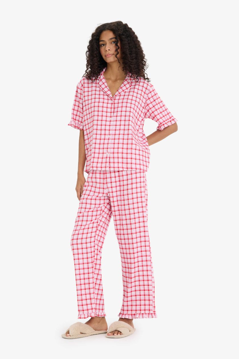 Kadın Açık Pembe Pijama Takımı Flanel Kareli Kısa Kollu Üst Uzun Alt