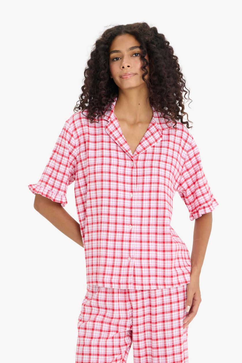 Kadın Açık Pembe Pijama Takımı Flanel Kareli Kısa Kollu Üst Uzun Alt