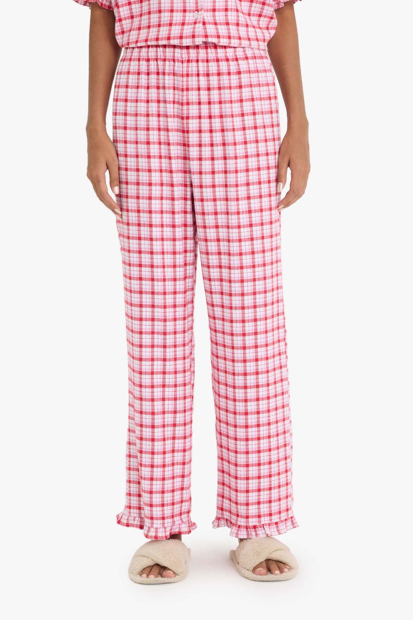 Kadın Açık Pembe Pijama Takımı Flanel Kareli Kısa Kollu Üst Uzun Alt