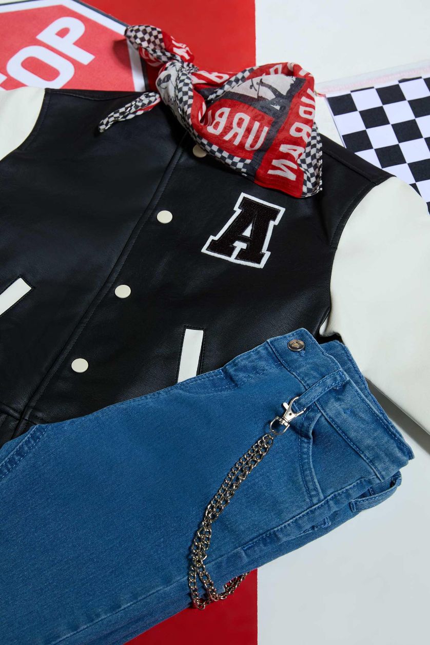 Erkek Bebek Siyah Erkek Bebek Su Geçirmez Kolej Yaka Nakışlı Cepli Çıtçıtlı Bomber Mont