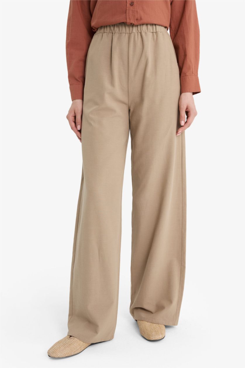 Kadın Vizon Keten Karışımlı Wide Leg Geniş Paça Flamlı Pantolon