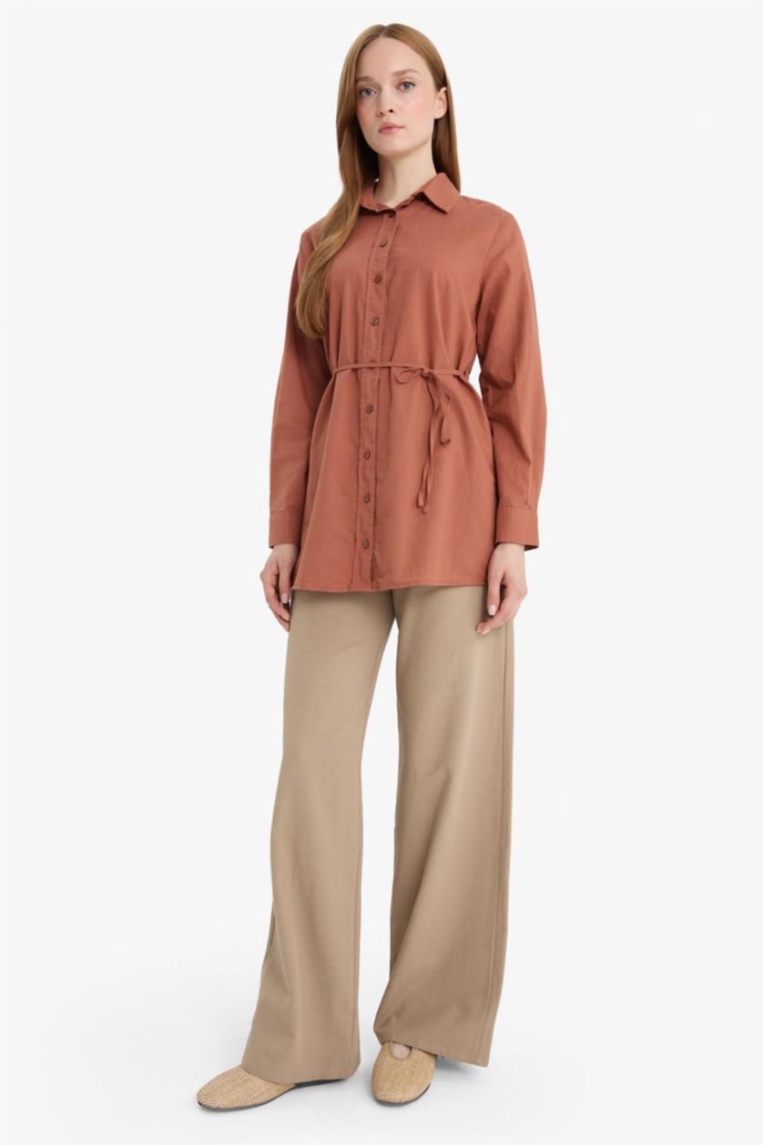 Kadın Vizon Keten Karışımlı Wide Leg Geniş Paça Flamlı Pantolon