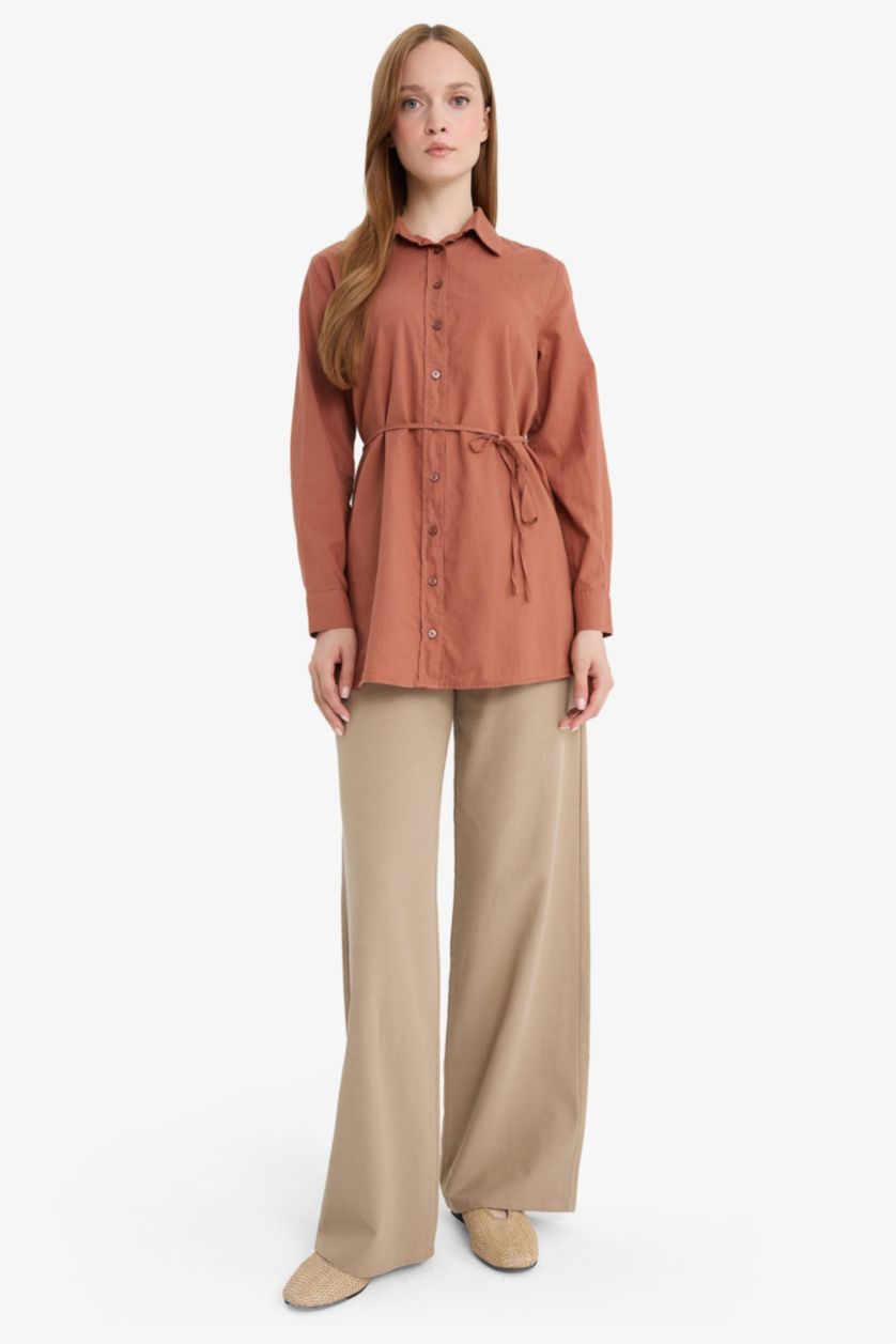 Kadın Vizon Keten Karışımlı Wide Leg Geniş Paça Flamlı Pantolon