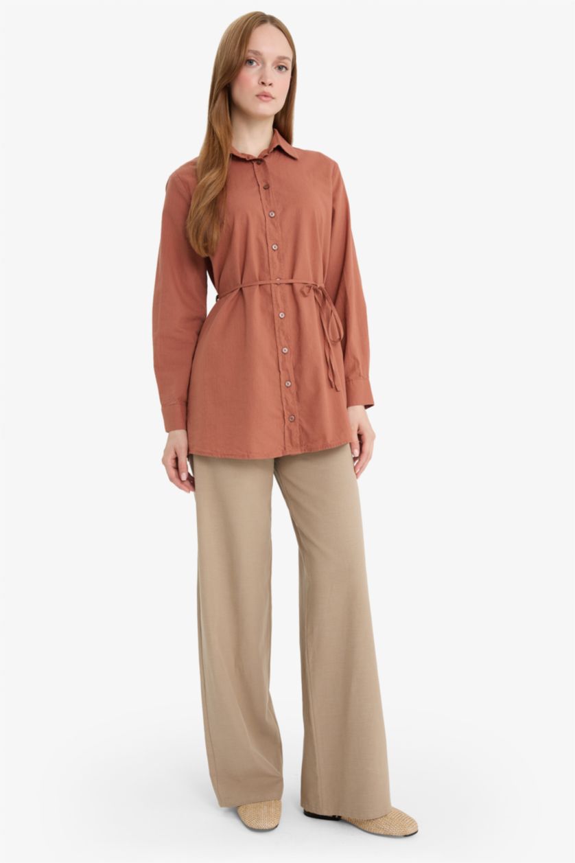 Kadın Vizon Keten Karışımlı Wide Leg Geniş Paça Flamlı Pantolon