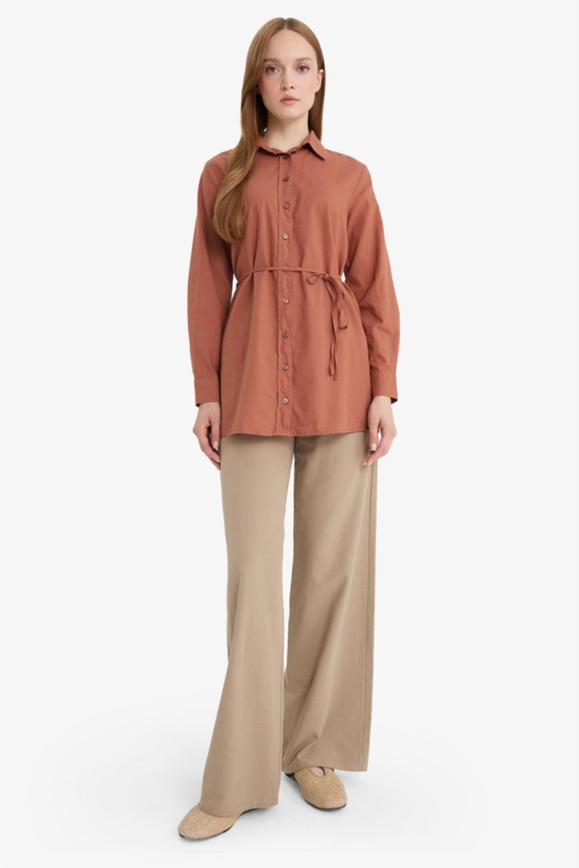 Kadın Vizon Keten Karışımlı Wide Leg Geniş Paça Flamlı Pantolon