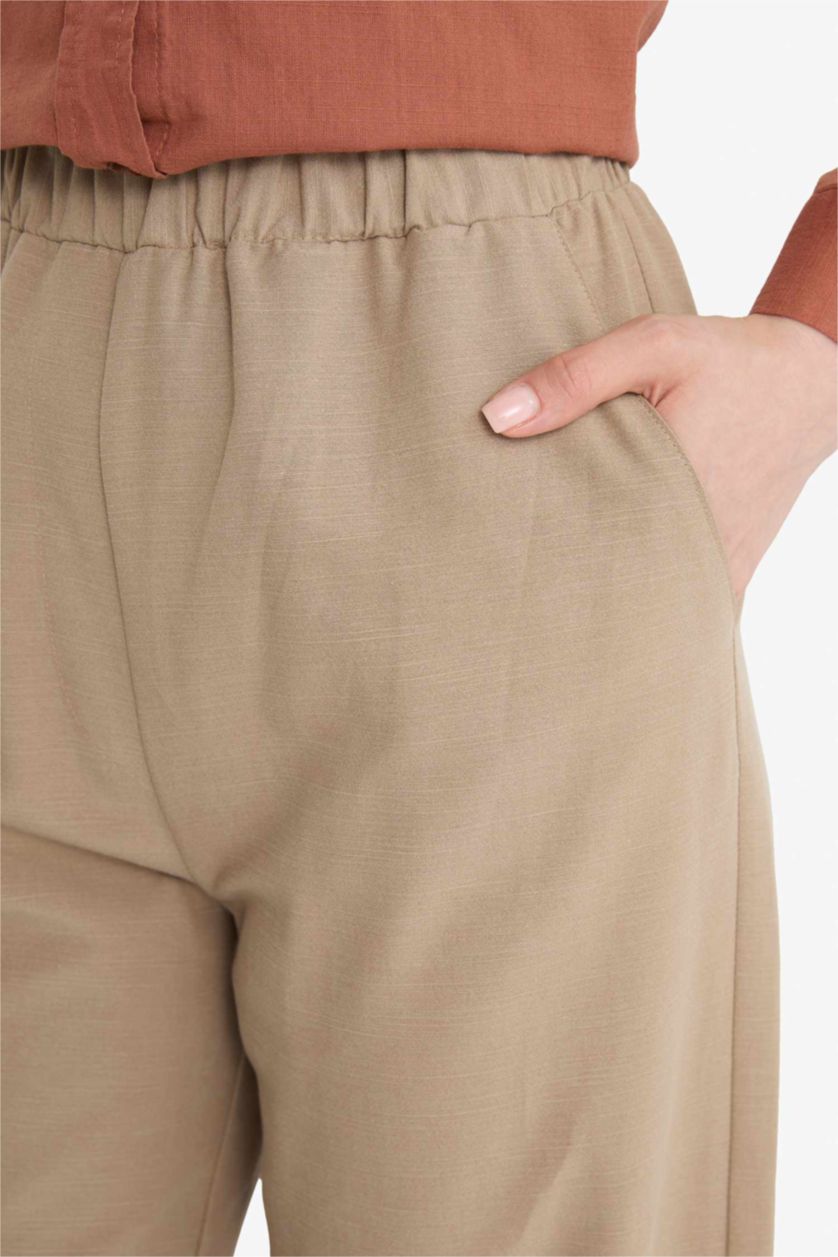 Kadın Vizon Keten Karışımlı Wide Leg Geniş Paça Flamlı Pantolon