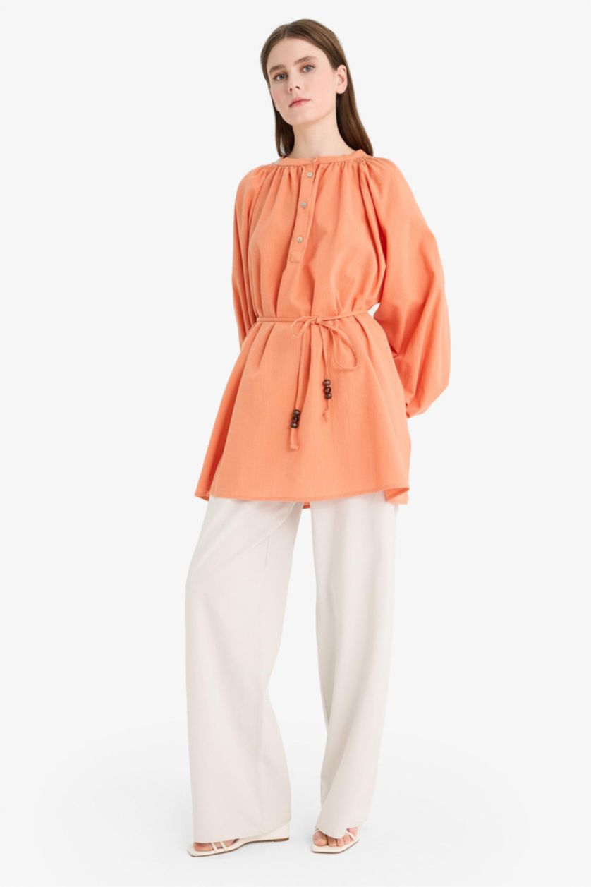 Kadın Açık Gri Keten Karışımlı Wide Leg Geniş Paça Flamlı Pantolon