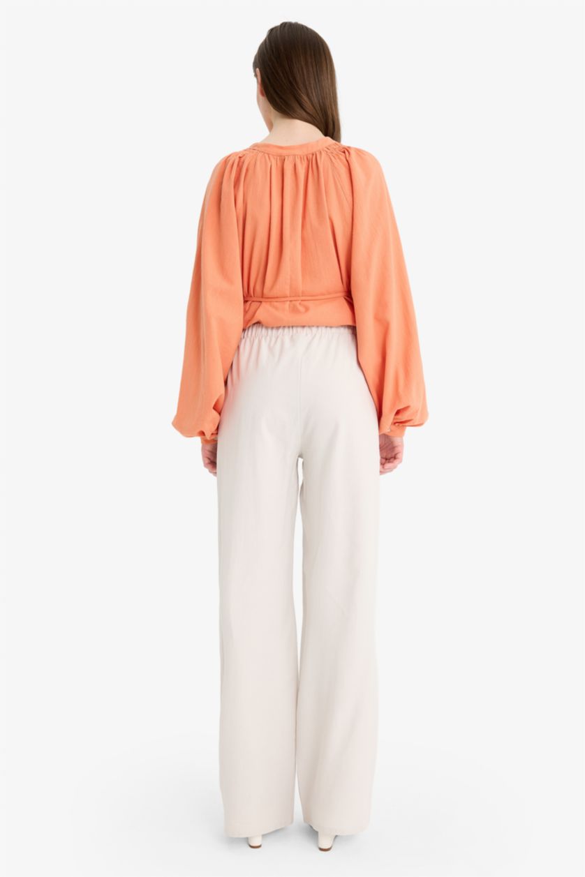 Kadın Açık Gri Keten Karışımlı Wide Leg Geniş Paça Flamlı Pantolon