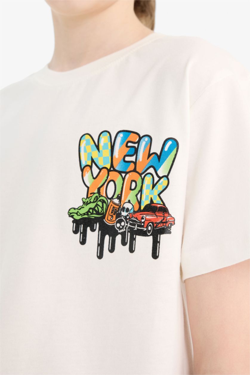 Erkek Çocuk - Genç Erkek Kırık Beyaz Bisiklet Yaka Sırt Baskılı Kısa Kollu Tişört Erkek Çocuk